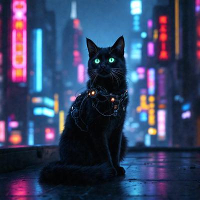 The primary subject of the image is a black cat sitting on a city street. The setting is a bustling urban environment with a lit-up cityscape in the background. The visual style appears to be a combination of photo and digital art, creating a unique and eye-catching scene. The dominant colors in the image are blue and purple, which contribute to the overall mood of the scene.